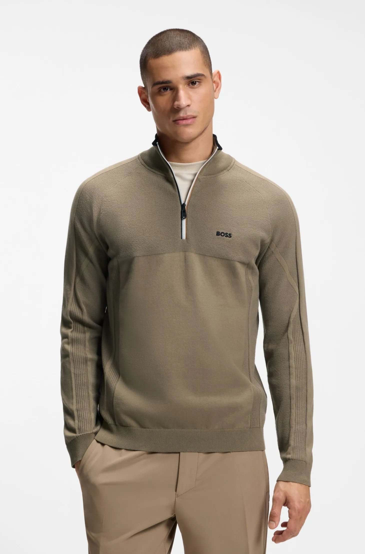Pullover aus Baumwoll-Mix mit Troyerkragen und Mischstrick