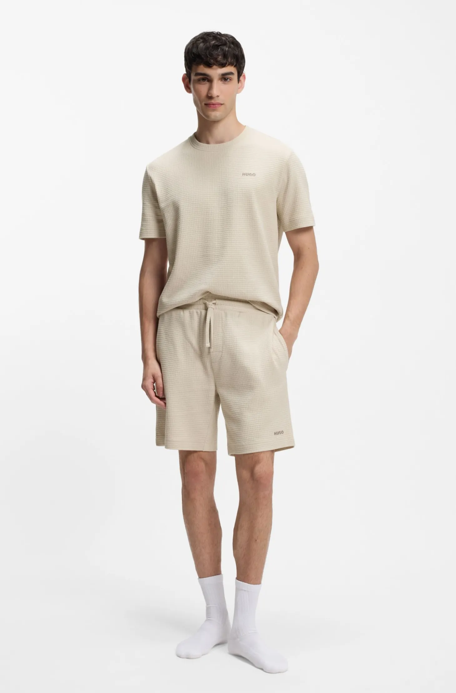 Pyjama-Shorts mit Waffelstruktur und Logo-Stickerei