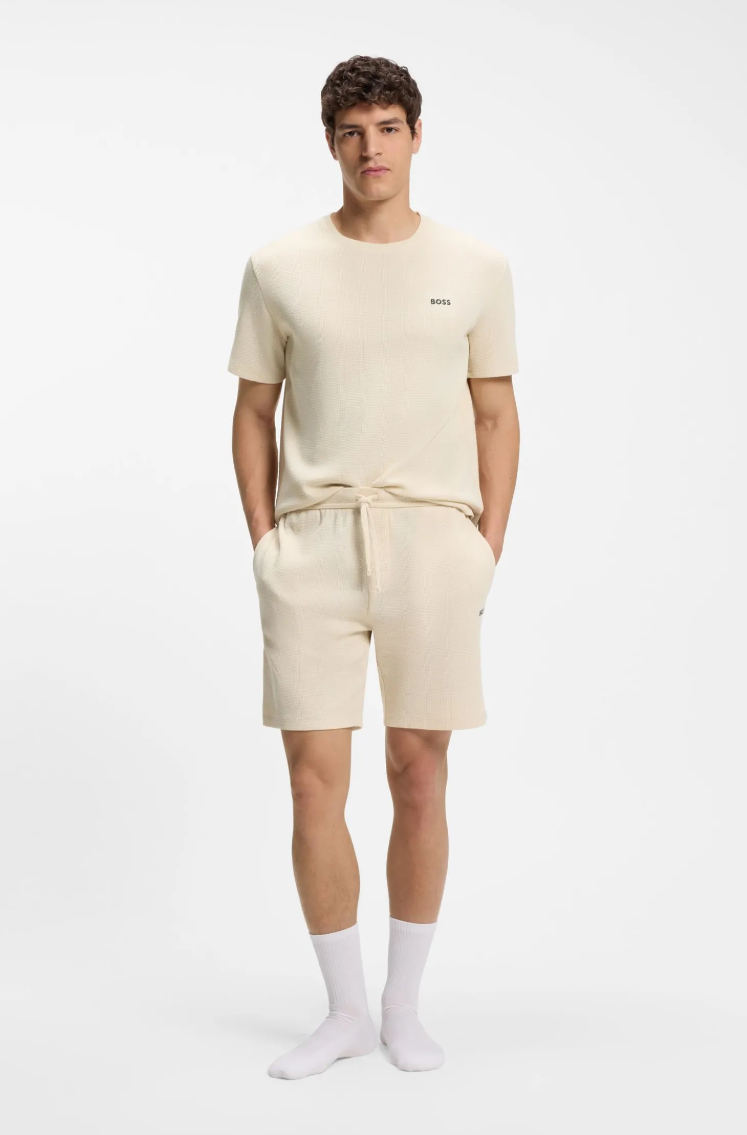 Pyjama-T-Shirt mit Waffelstruktur und Logo-Stickerei