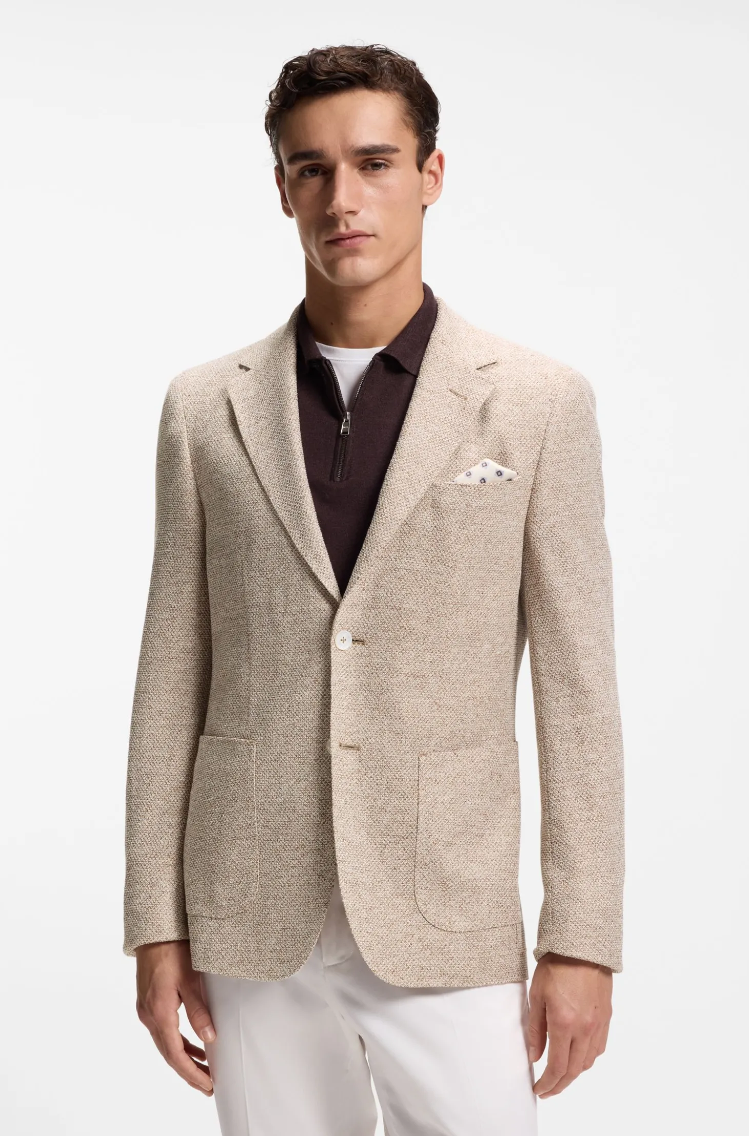 Regular-Fit Blazer aus gemustertem Leinen-Mix