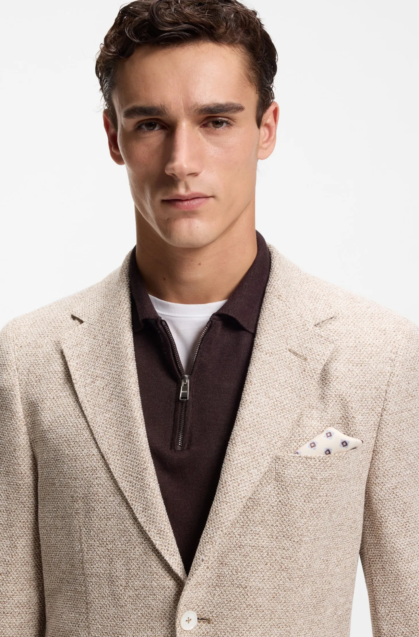 Regular-Fit Blazer aus gemustertem Leinen-Mix