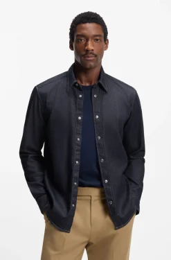 Regular-Fit Hemd aus indigoblauem Stretch-Denim