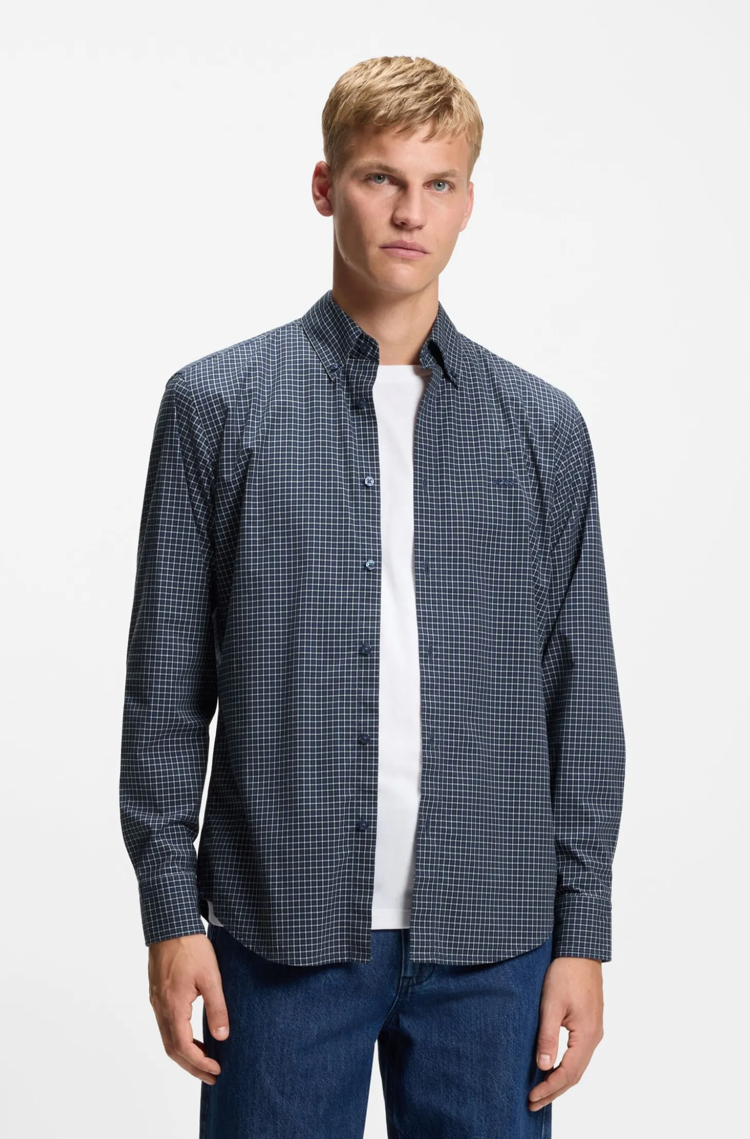 Regular-Fit Hemd aus strukturierter Stretch-Baumwolle mit Karo-Muster