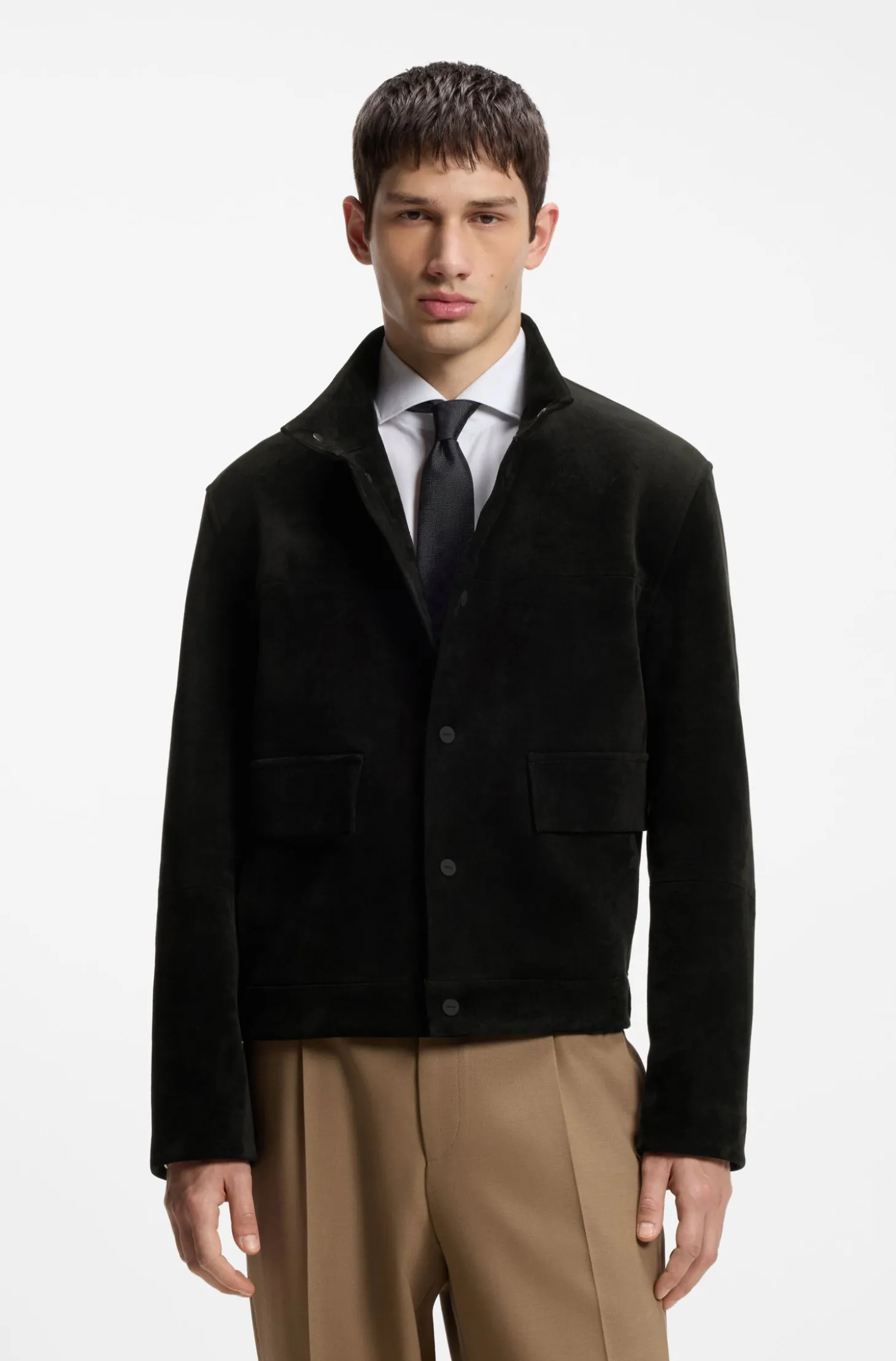 Regular-Fit Jacke aus gebondetem Gewebe in Veloursleder-Optik