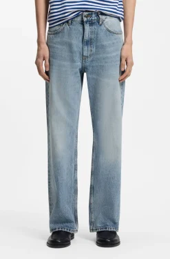 Regular-Fit Jeans aus blauem Denim mit ausgestelltem Bein
