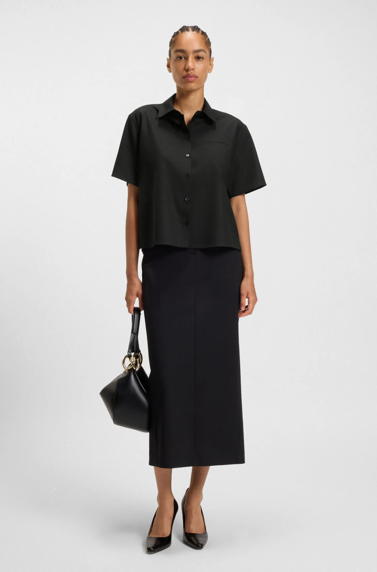 Regular-Fit Kurzarm-Bluse aus Schurwolle
