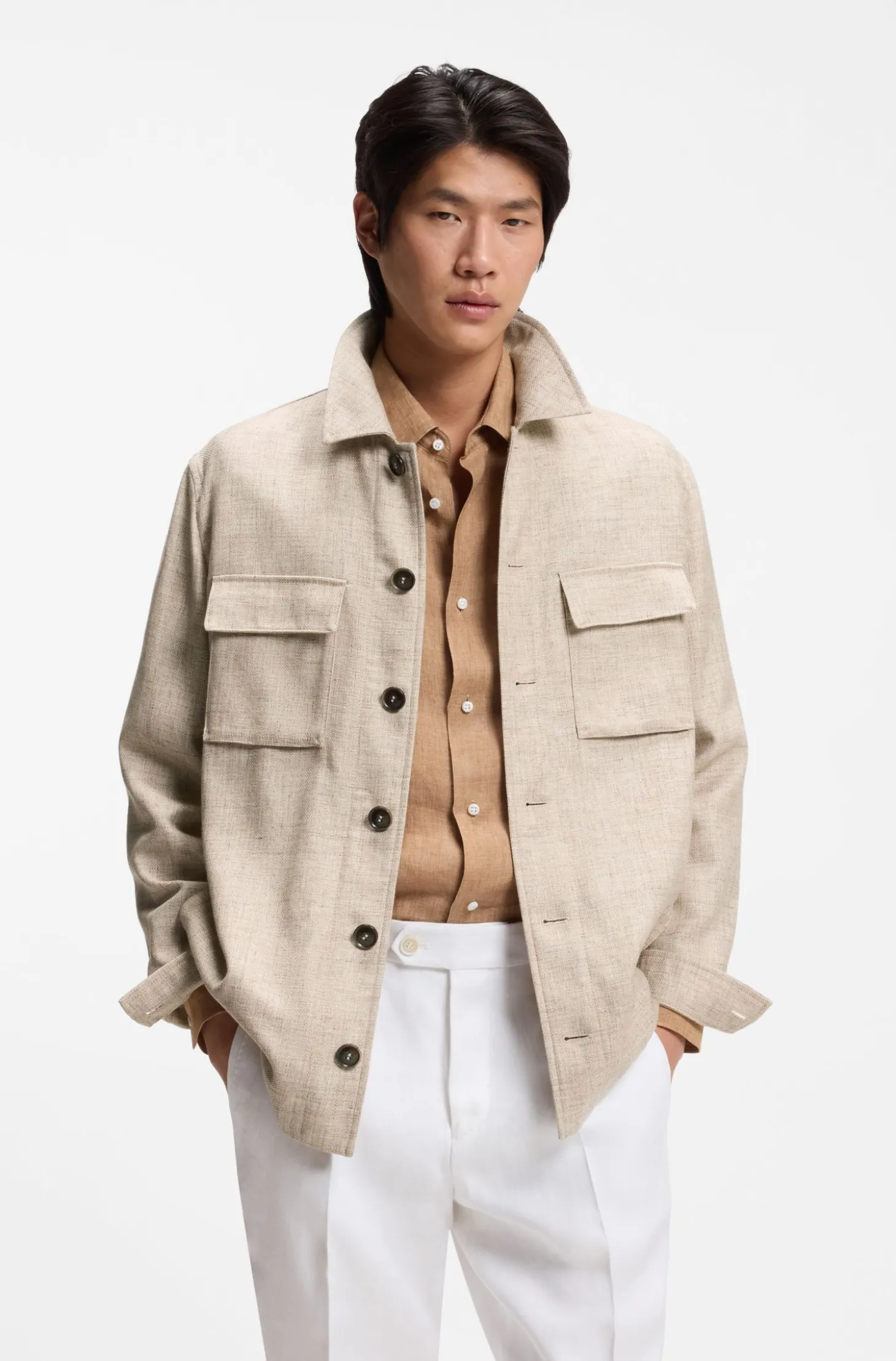 Regular-Fit Overshirt aus Schurwolle, Seide und Leinen