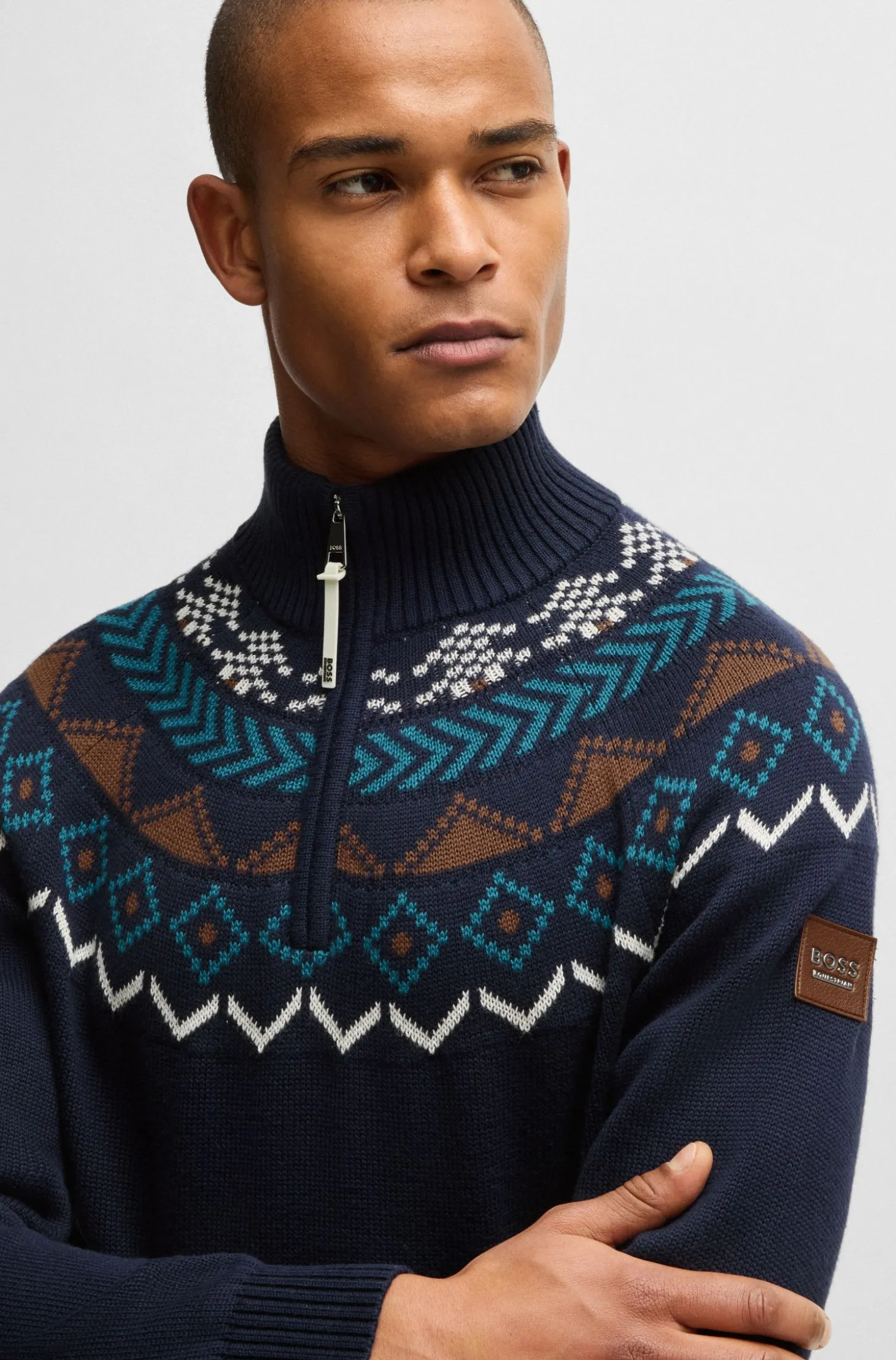 Reitsport-Pullover mit Troyerkragen und Strickmuster