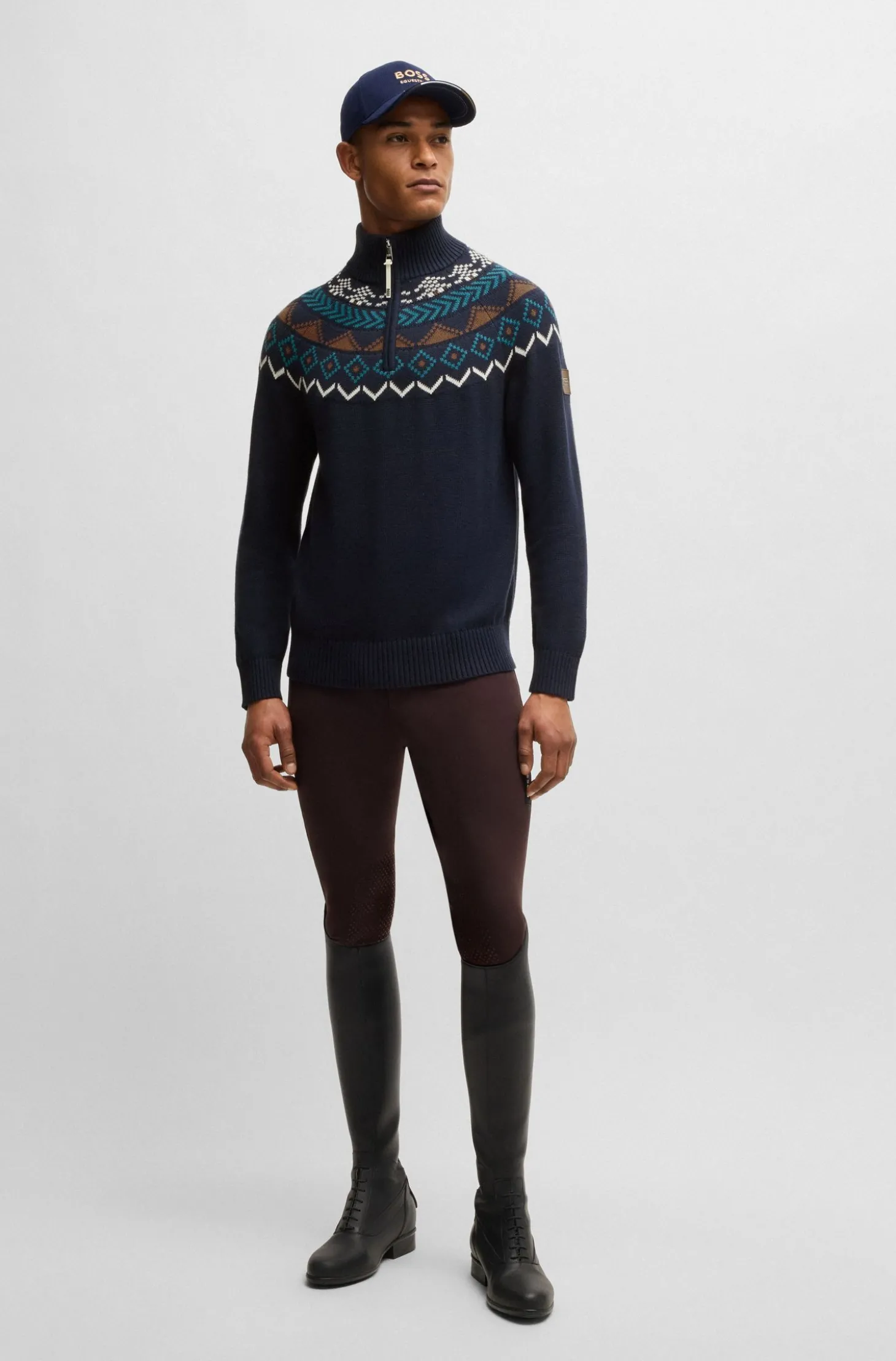 Reitsport-Pullover mit Troyerkragen und Strickmuster