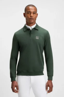 Reitsport-Strick-Poloshirt aus Stretch-Baumwolle mit Logo-Patch