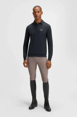 Reitsport-Strick-Poloshirt aus Stretch-Baumwolle mit Logo-Patch