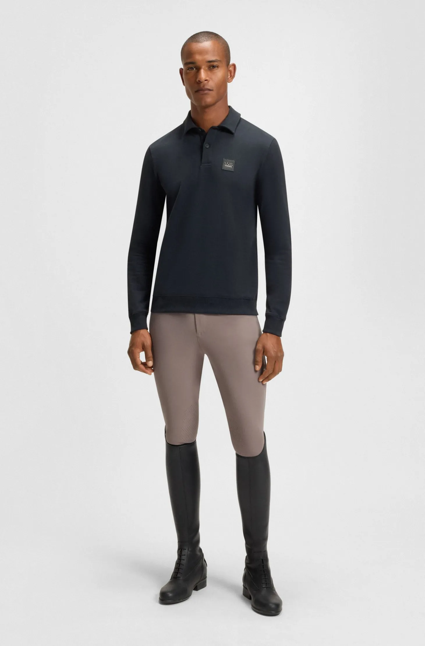 Reitsport-Strick-Poloshirt aus Stretch-Baumwolle mit Logo-Patch