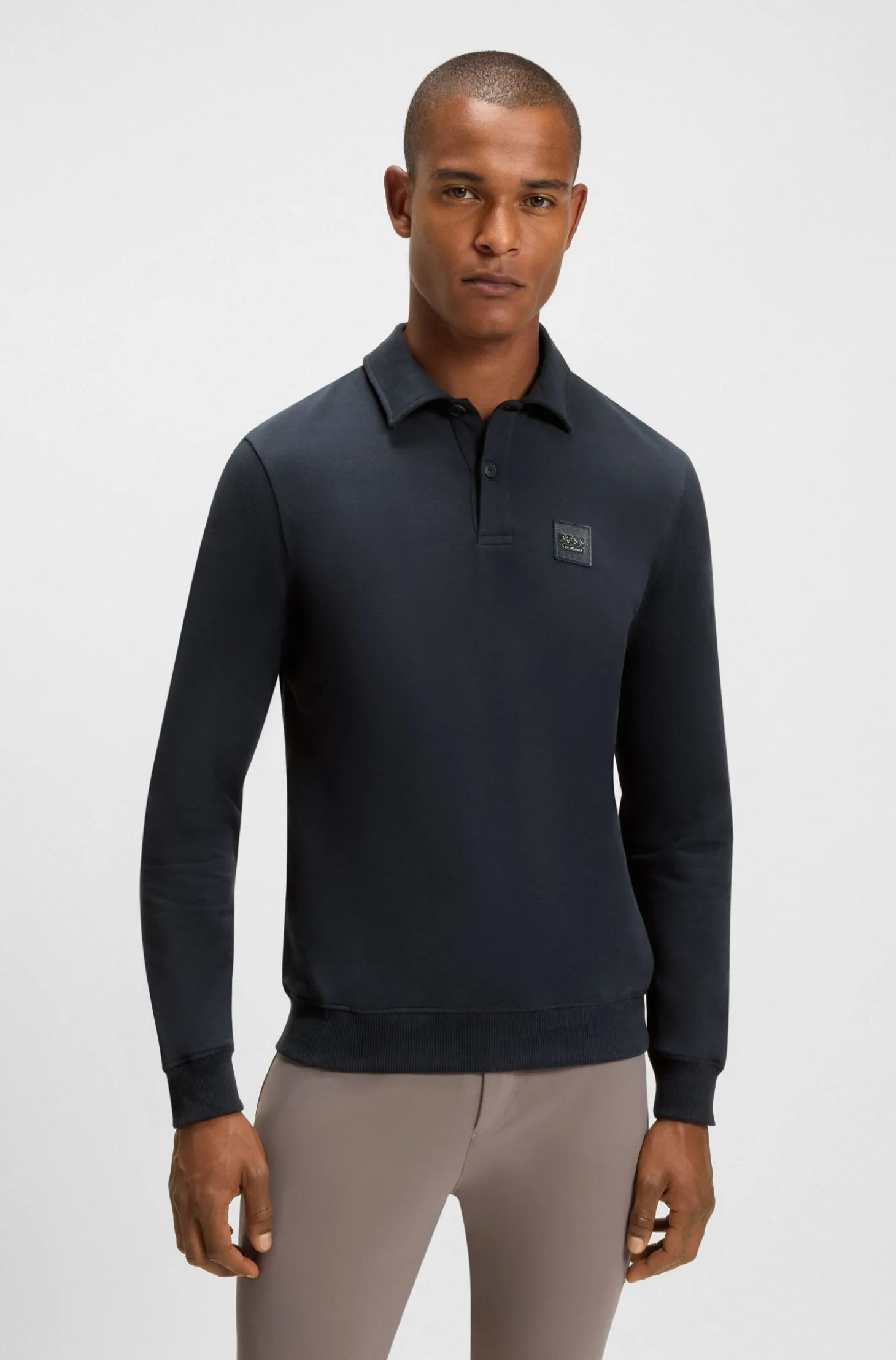 Reitsport-Strick-Poloshirt aus Stretch-Baumwolle mit Logo-Patch