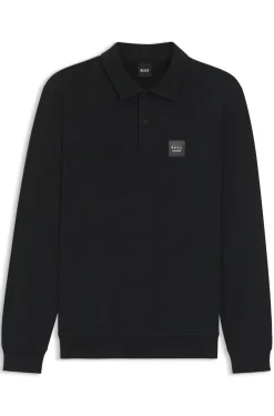 Reitsport-Strick-Poloshirt aus Stretch-Baumwolle mit Logo-Patch