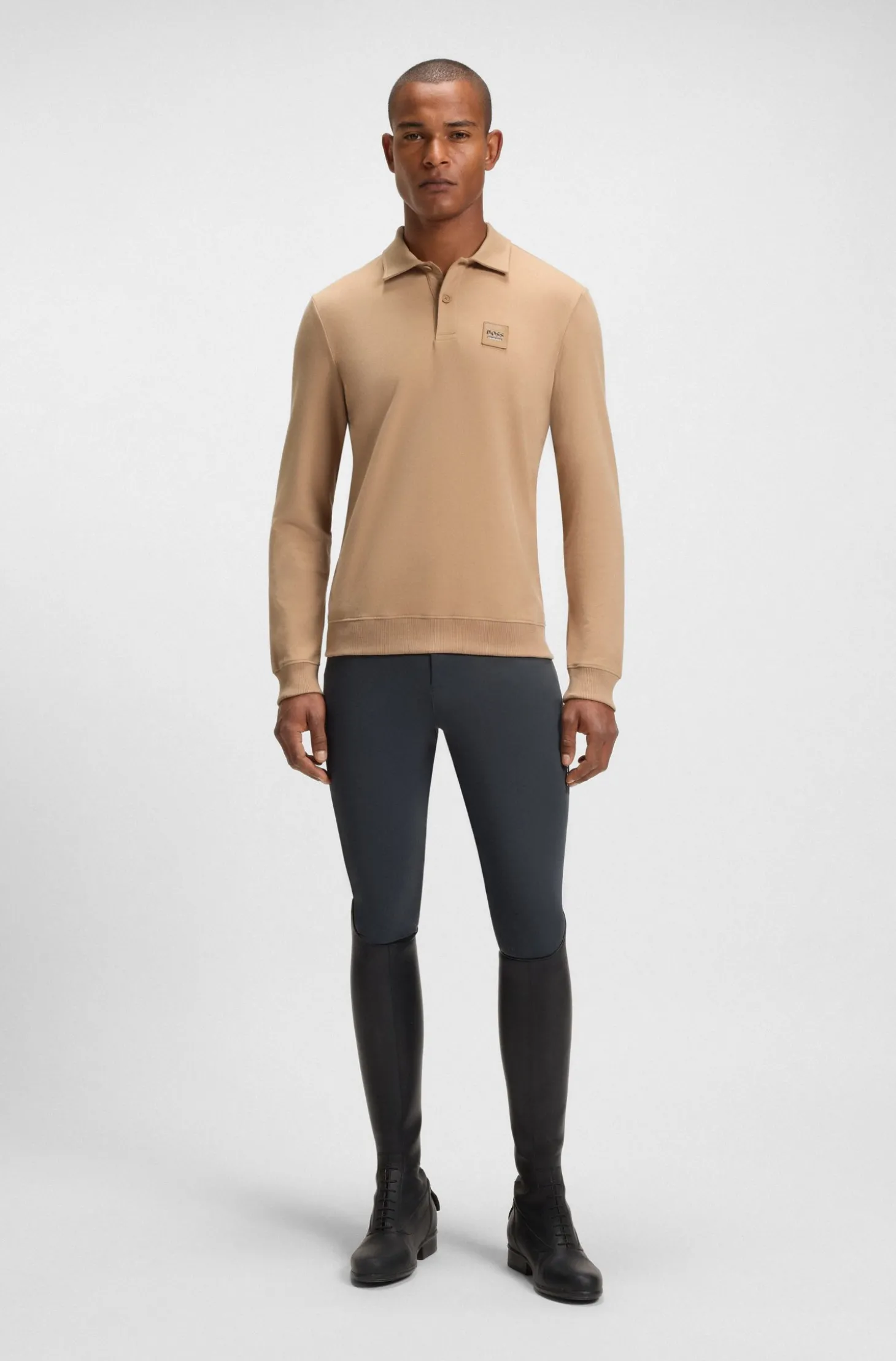 Reitsport-Strick-Poloshirt aus Stretch-Baumwolle mit Logo-Patch