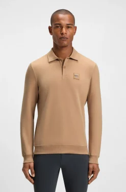 Reitsport-Strick-Poloshirt aus Stretch-Baumwolle mit Logo-Patch