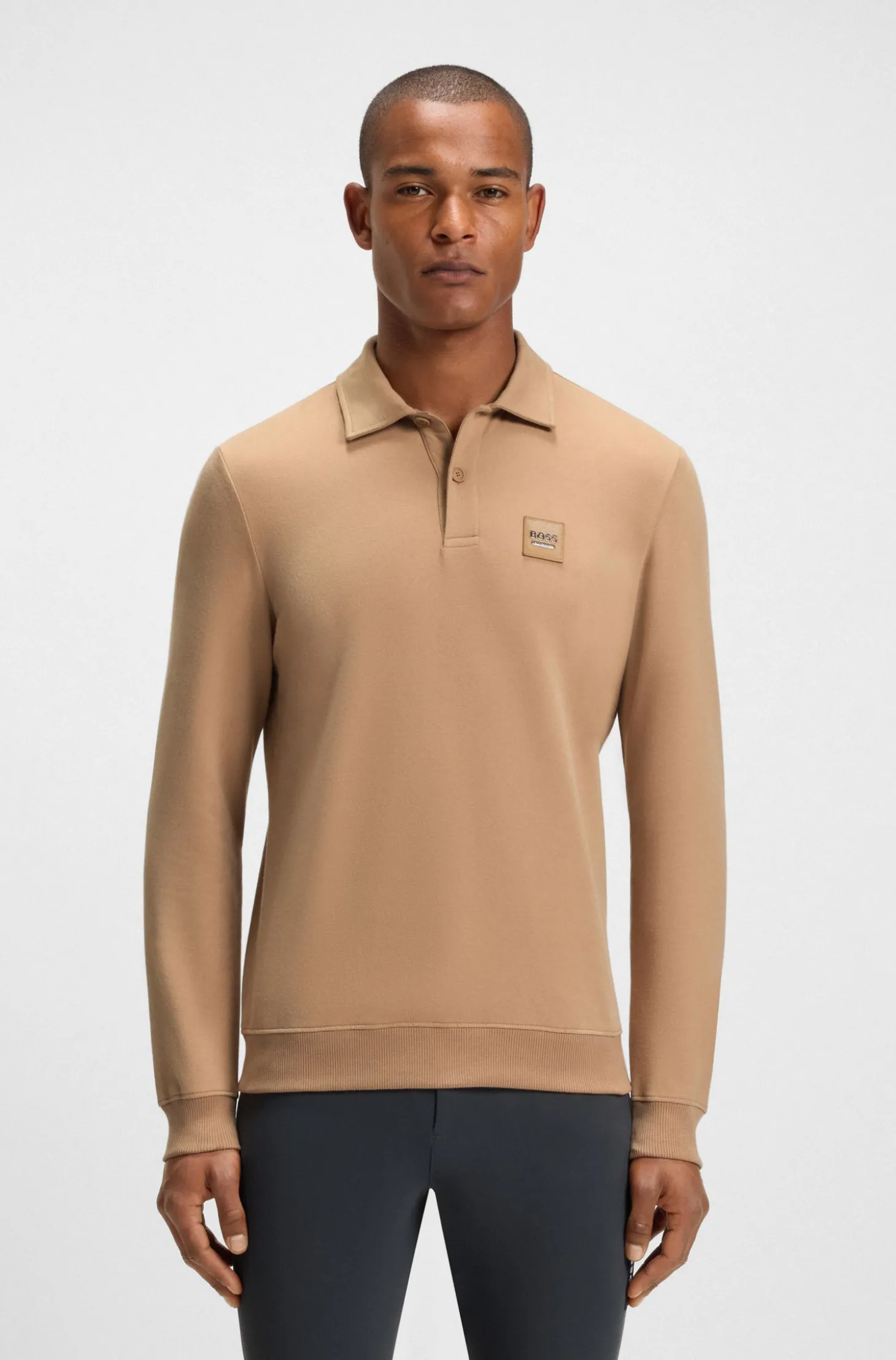Reitsport-Strick-Poloshirt aus Stretch-Baumwolle mit Logo-Patch