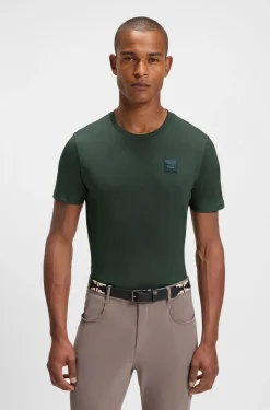 Reitsport-T-Shirt aus Stretch-Baumwolle mit Logo-Patch