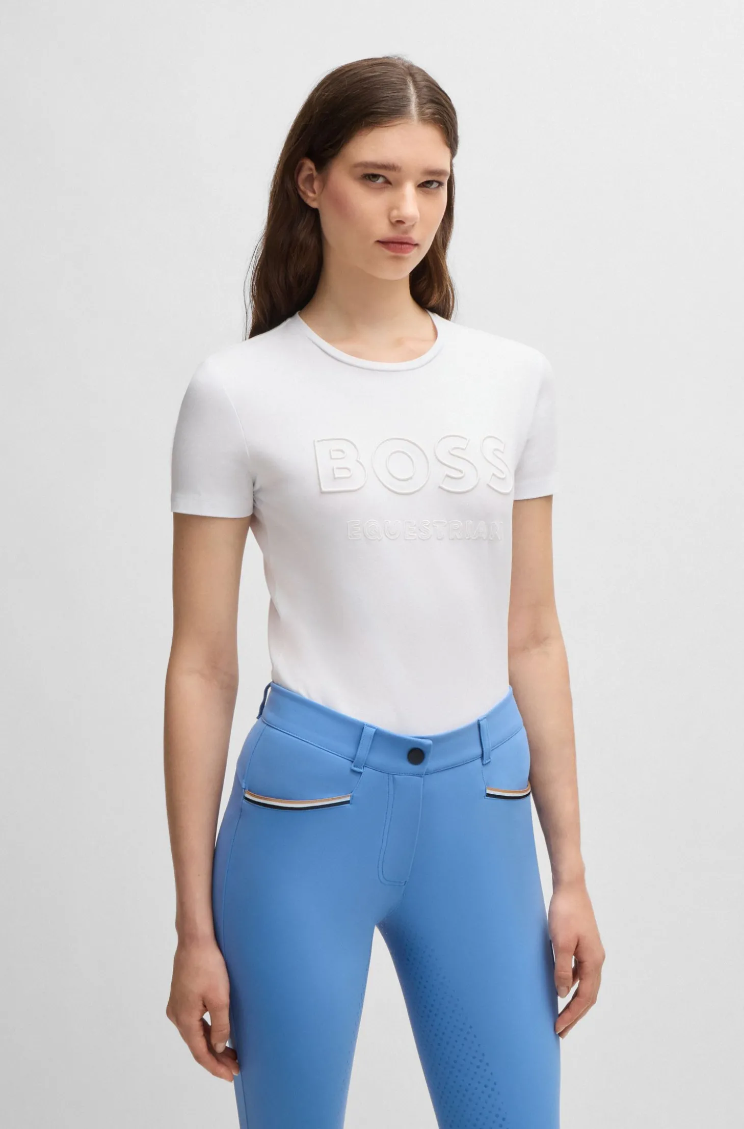 Reitsport-T-Shirt aus Stretch-Baumwolle mit Logo-Stickerei