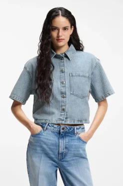 Relaxed-Fit Bluse aus gestreiftem Rigid-Denim