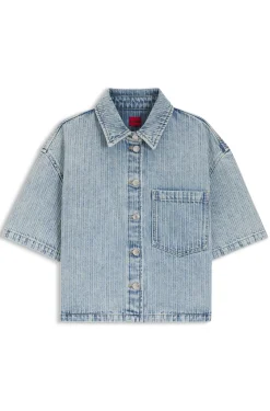 Relaxed-Fit Bluse aus gestreiftem Rigid-Denim