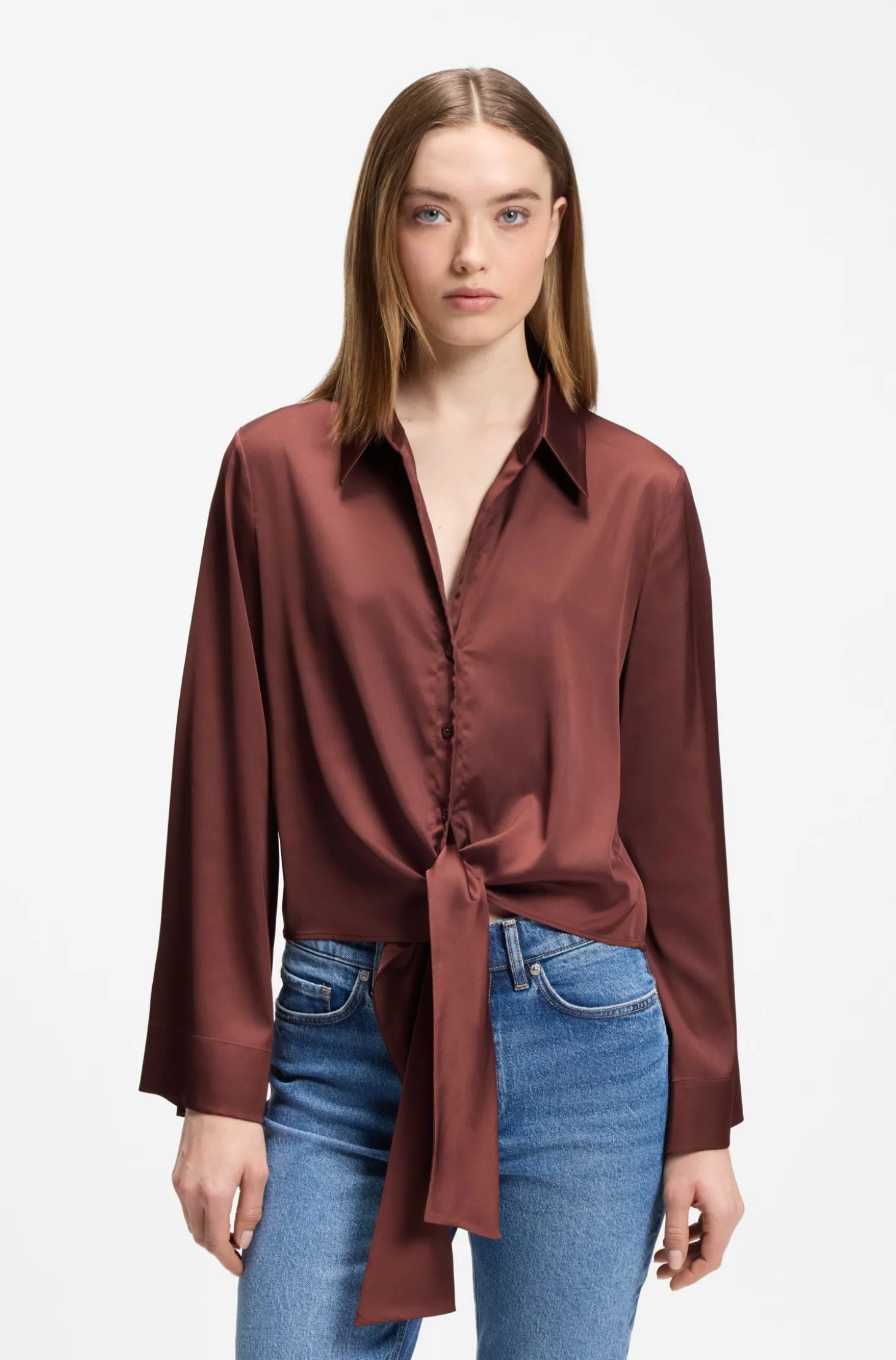 Relaxed-Fit Bluse aus Stretch-Satin mit Krawatten-Detail