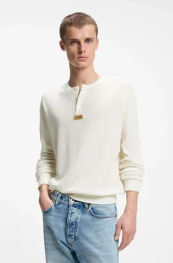 Relaxed-Fit Henley-Pullover aus Baumwolle mit Waffelstruktur