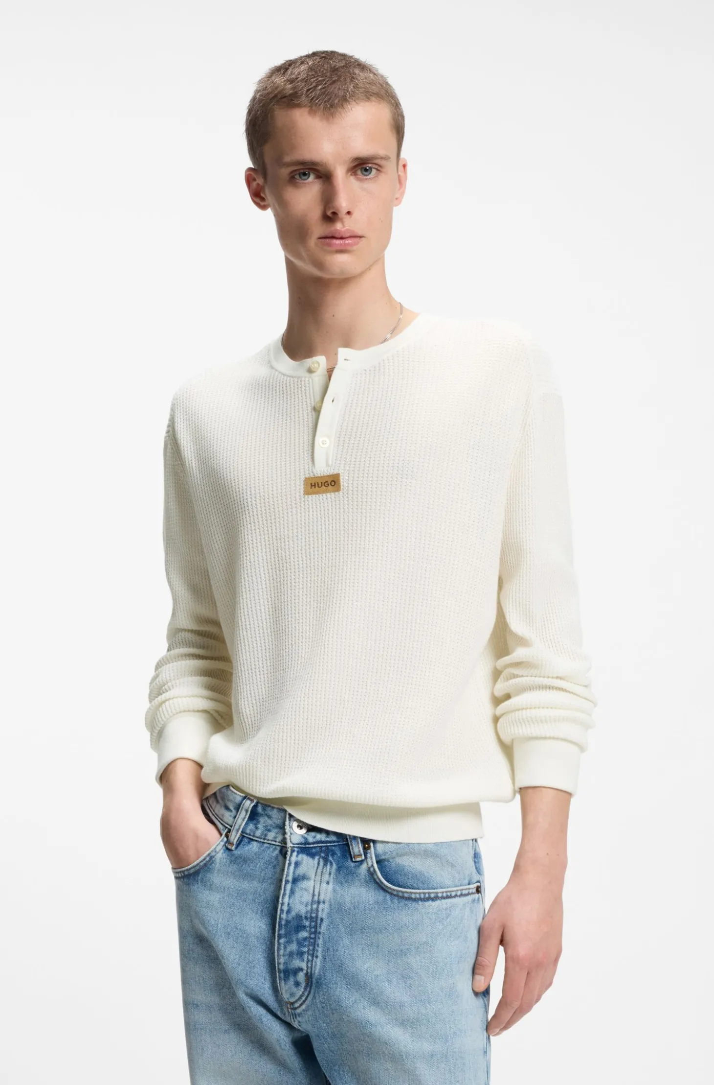 Relaxed-Fit Henley-Pullover aus Baumwolle mit Waffelstruktur