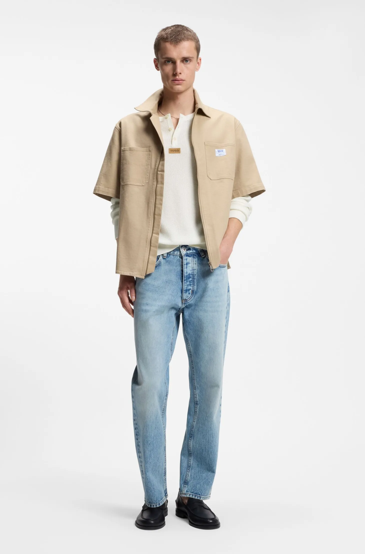 Relaxed-Fit Henley-Pullover aus Baumwolle mit Waffelstruktur