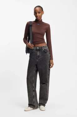 Relaxed-Fit Jeans aus schwarzem, festem Denim in Used-Optik