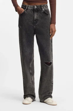 Relaxed-Fit Jeans aus schwarzem, festem Denim in Used-Optik
