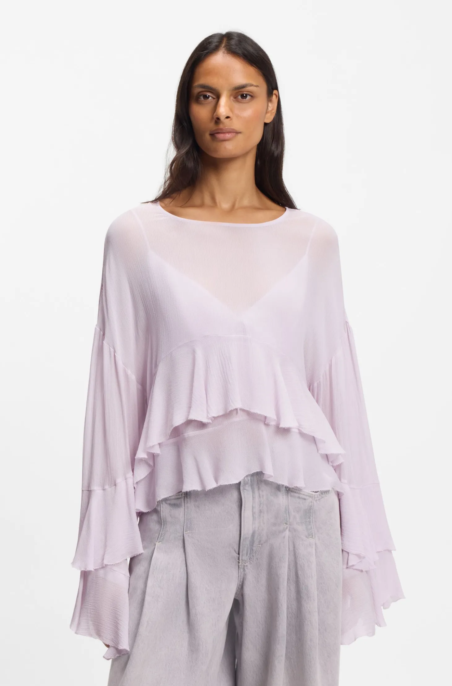 Relaxed-Fit Krepp-Bluse aus Seersucker-Georgette mit Rüschen