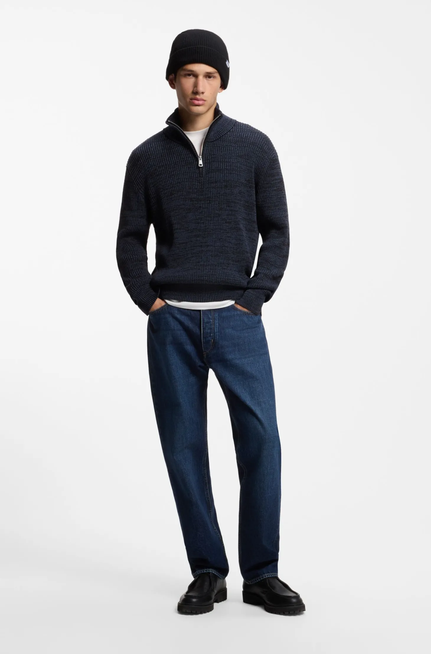 Relaxed-Fit Pullover mit Troyerkragen und Mouliné-Struktur
