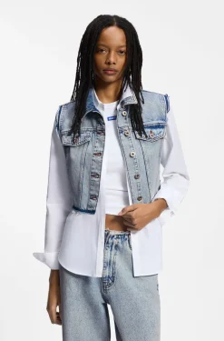 Ärmellose Weste aus azurblauem Denim in Cropped-Länge
