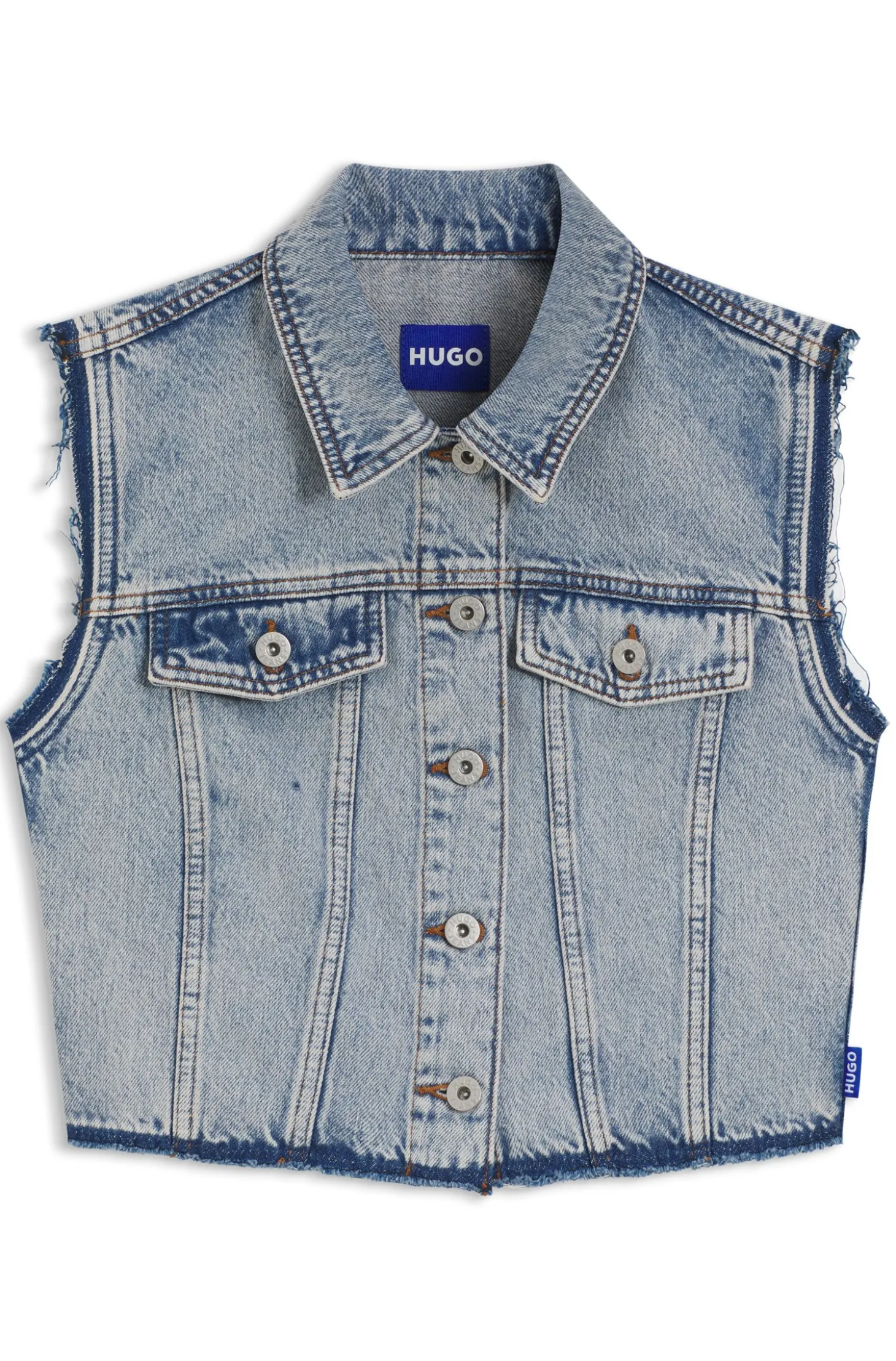 Ärmellose Weste aus azurblauem Denim in Cropped-Länge