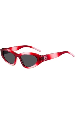 Rote Sonnenbrille mit Stack-Logo an den Bügeln