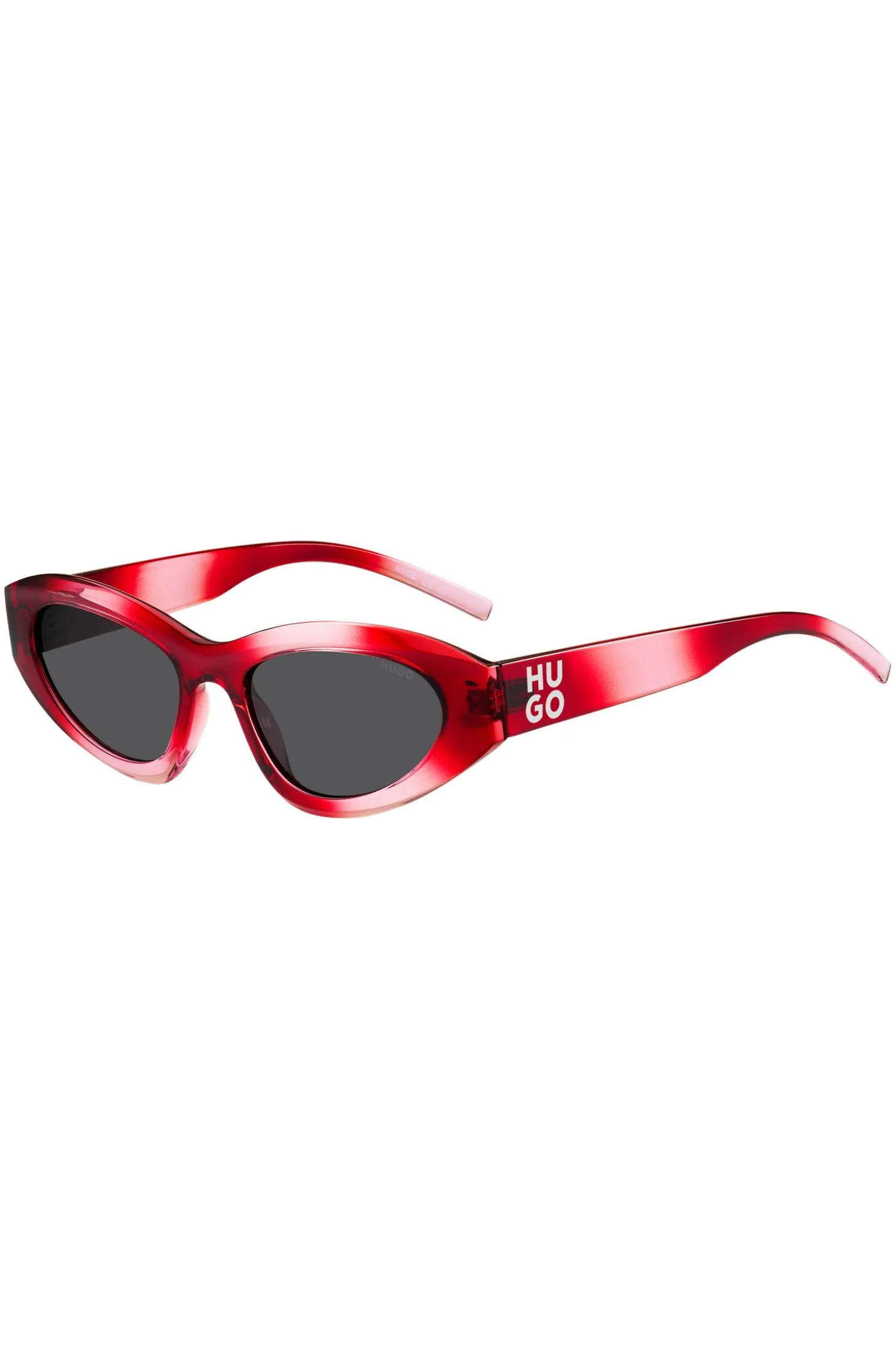 Rote Sonnenbrille mit Stack-Logo an den Bügeln