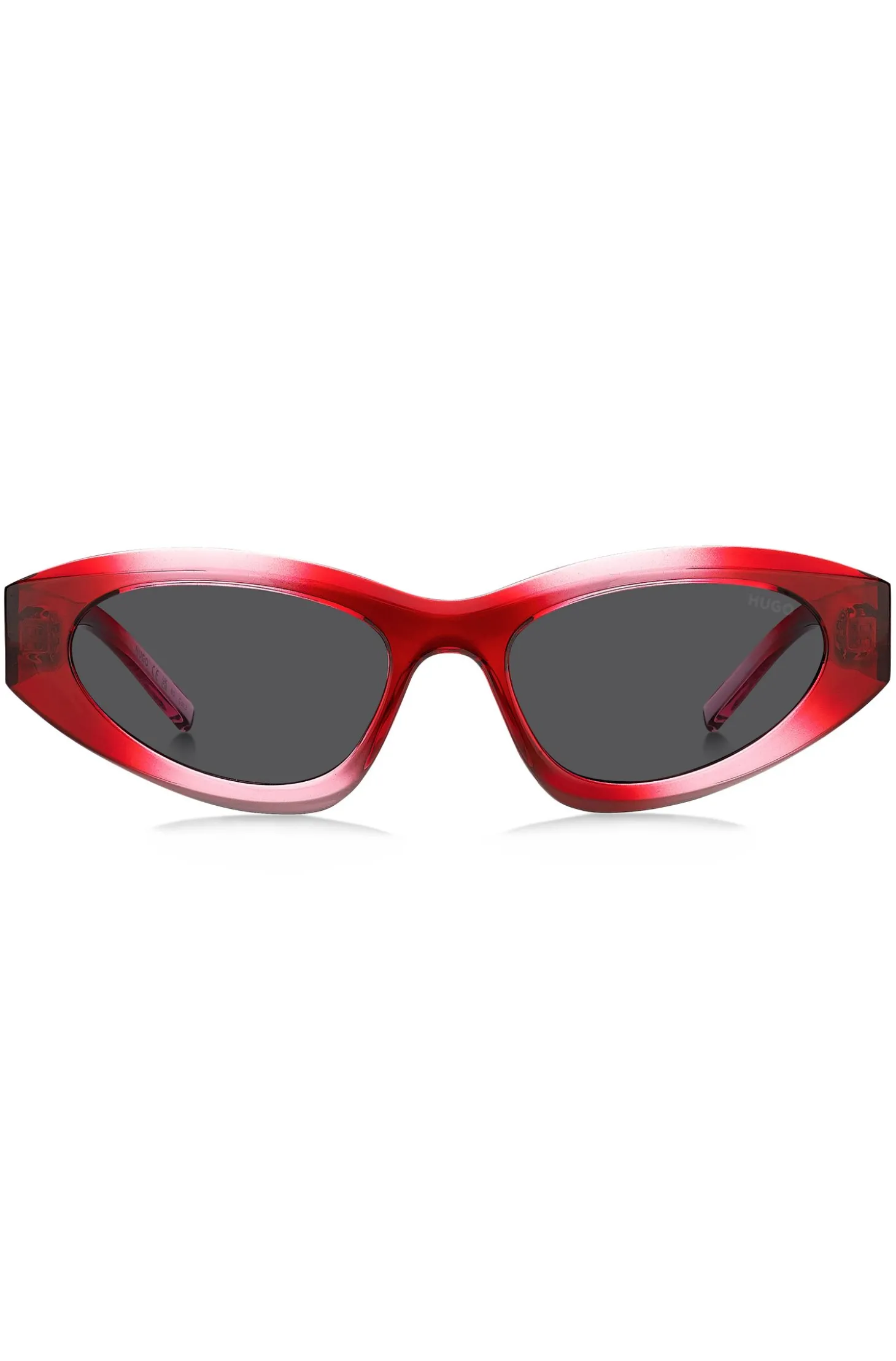 Rote Sonnenbrille mit Stack-Logo an den Bügeln