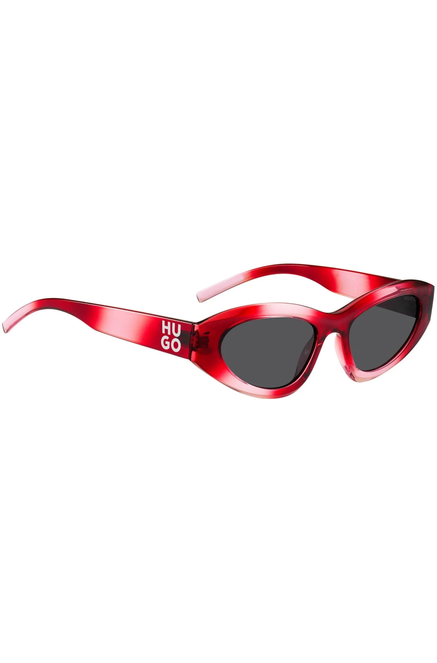 Rote Sonnenbrille mit Stack-Logo an den Bügeln