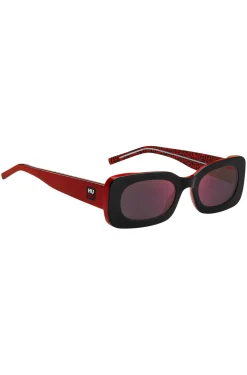 Rot-schwarze Acetat-Sonnenbrille mit abnehmbarem Slogan-Riemen