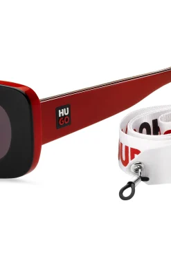 Rot-schwarze Acetat-Sonnenbrille mit abnehmbarem Slogan-Riemen