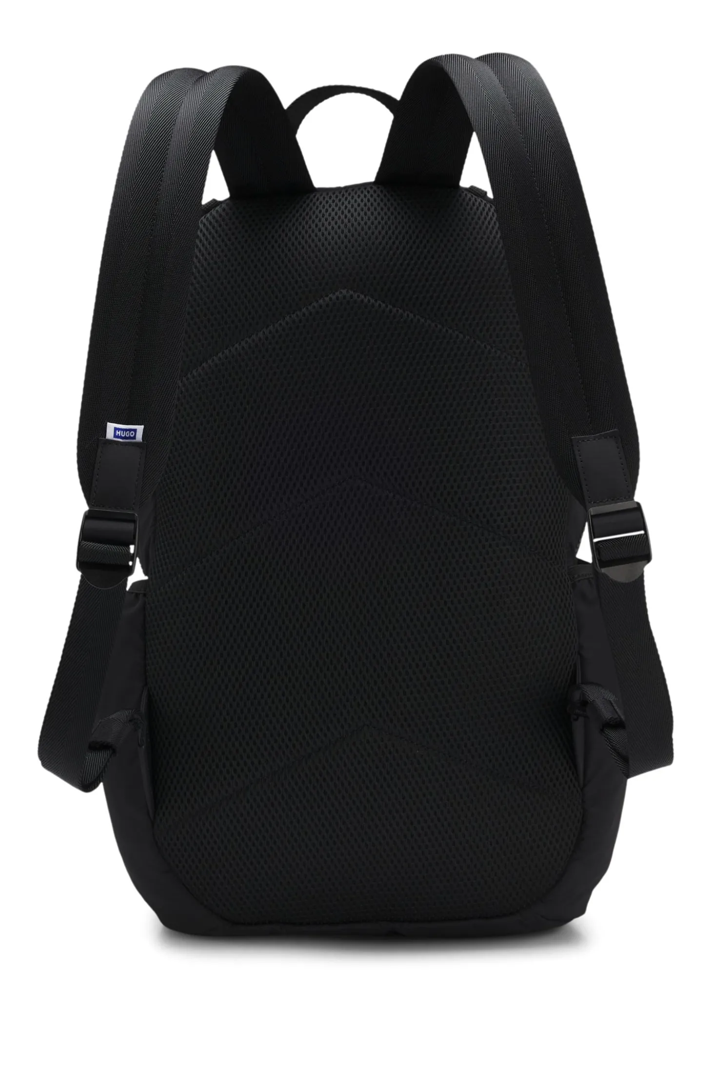 Rucksack mit blauem Logo-Aufnäher aus Gummi