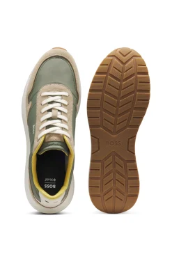 Schnür-Sneakers aus leichtem Gewebe mit Veloursleder-Details