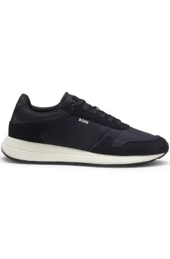 Schnür-Sneakers aus leichtem Gewebe mit Veloursleder-Details