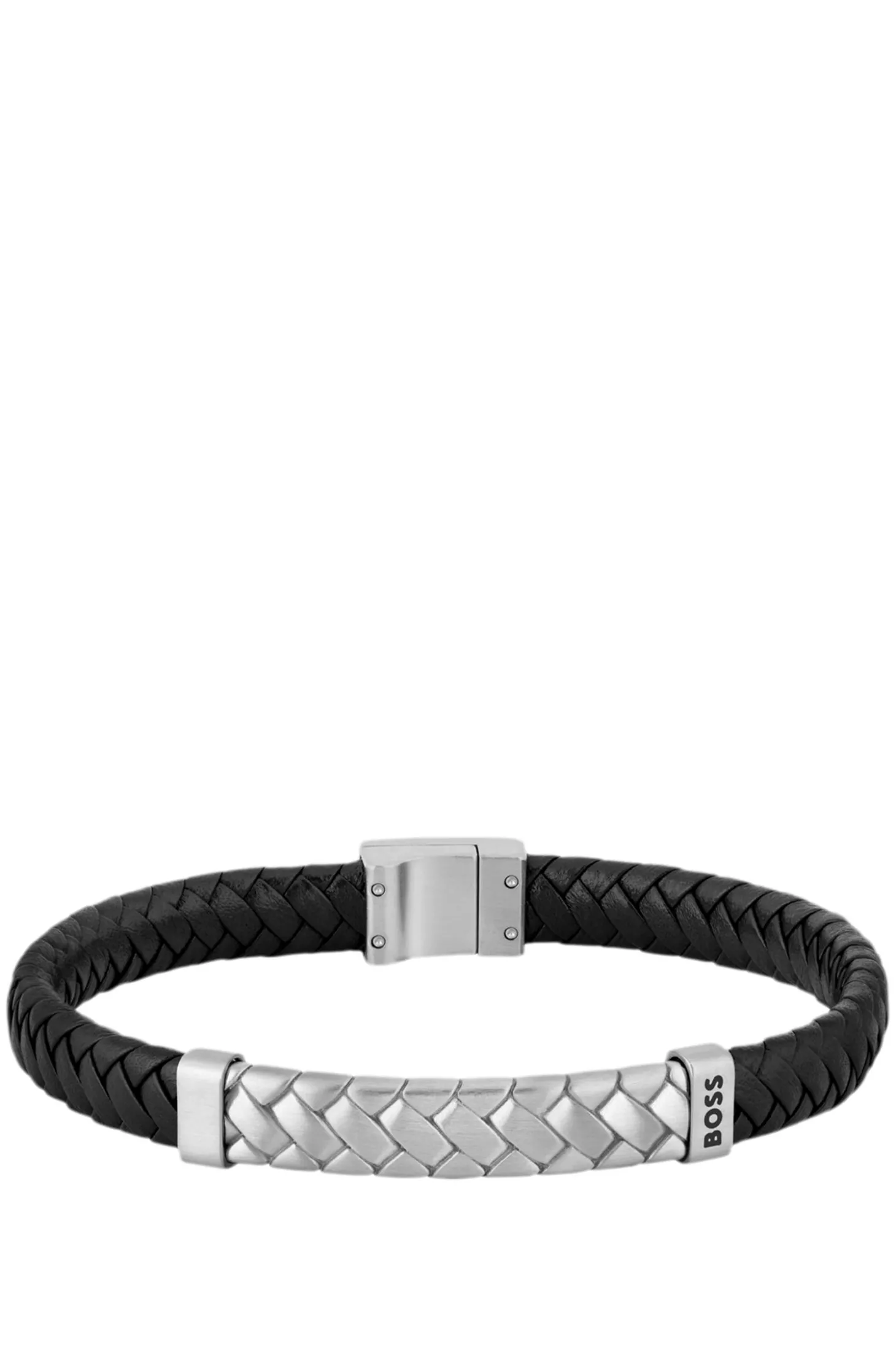 Schwarzes Armband aus geflochtenem Leder mit Fischgrätmuster auf dem Metall-Detail