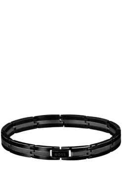Schwarzes Armband aus rostfreiem Stahl mit Streifen und Logo-Schließe