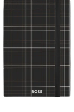 Schwarzes DIN-A5-Notizbuch mit Karo-Print und silberfarbenem Folien-Logo
