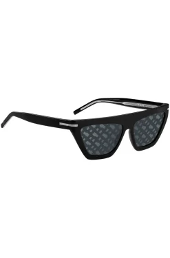 Schwarze Sonnenbrille aus Acetat mit Monogramm-Muster auf den Gläsern