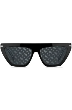 Schwarze Sonnenbrille aus Acetat mit Monogramm-Muster auf den Gläsern