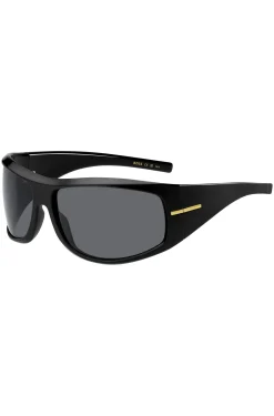 Schwarze Sonnenbrille im Masken-Stil mit goldfarbenen Metalldetails